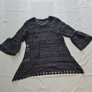 Indigo Soul Dark Gray Lace Flare Sleeve Blouse